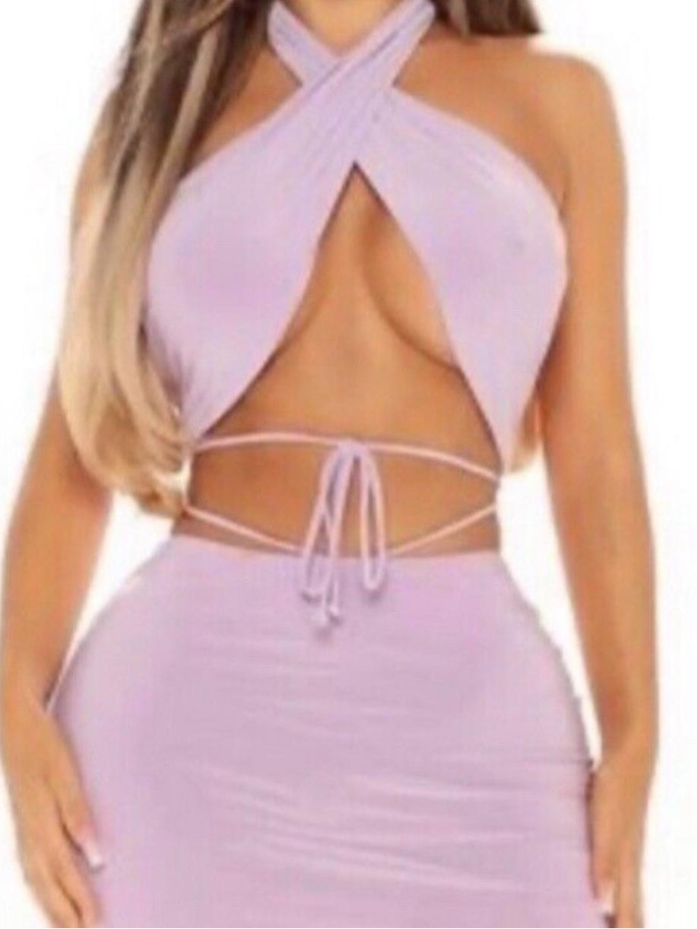 Fashion Nova Lilac Crisscross Crop Top and Skirt Set